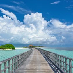 brown wooden dock on blue sea under blue and white cloudy sky during daytime